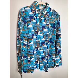 VTG Kennington Cali Disco Mens Lrg Blue Brown Buildings Greece RARE Graphic EUC